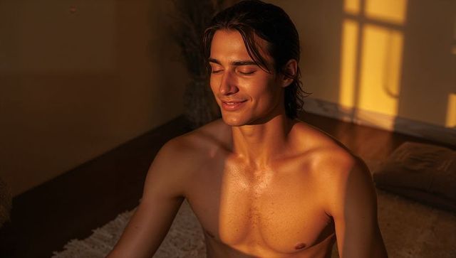 Sunlit man basking in golden hour window grid shadows meditating, intimate wellness moment