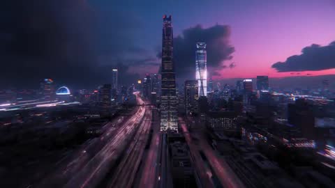 Aerial View of City Skyscrapers with Dusk Light Trails