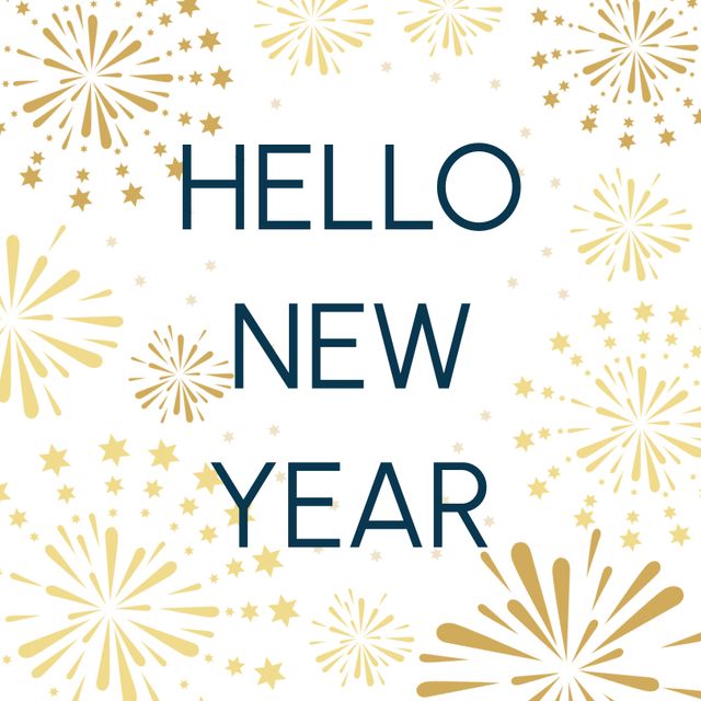 Illustration featuring 'Hello New Year' text with golden fireworks on white background. Ideal for New Year greeting cards, festive invitations, seasonal promotions, and celebratory social media posts depicting the joyful mood of entering the new year.
