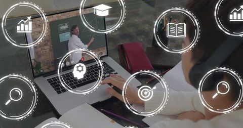 Teen learning online with interactive education icons overlay