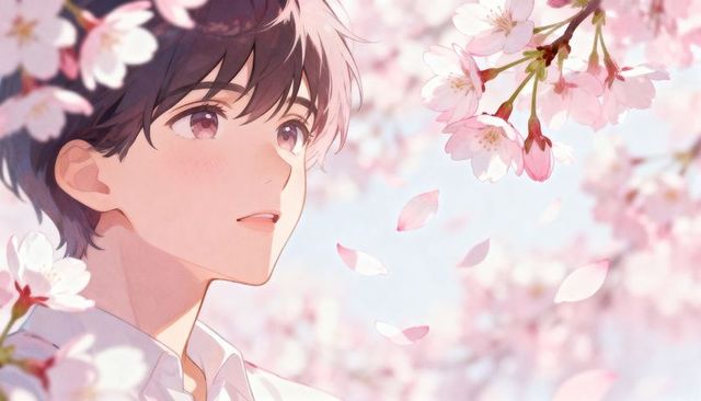 Gazing young man among sakura blossoms — pastel spring anime portrait, dreamy mood