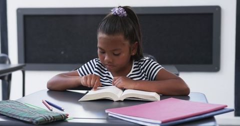 Young girl focused on reading in classroom