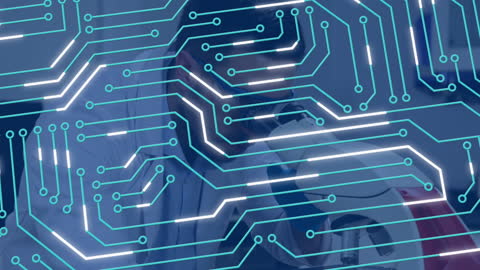 Scientist Conducting Research with Digital Circuit Overlay