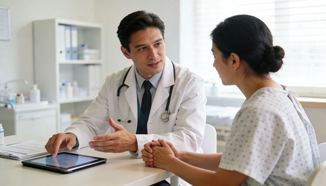 Physician explaining treatment plan to patient using tablet during clinic consultation