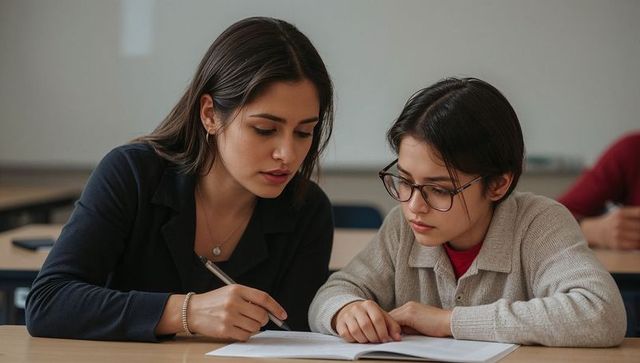 Young female tutor teaching student one-on-one, guiding reading and homework in classroom