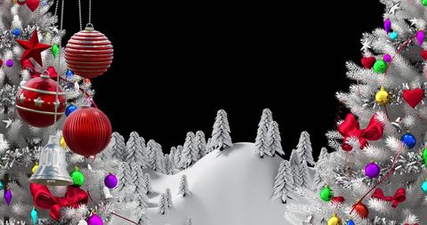 Festive christmas baubles with snowy winter scenery