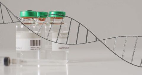 DNA Strand with Vaccine Vials and Genetic Data Overlay
