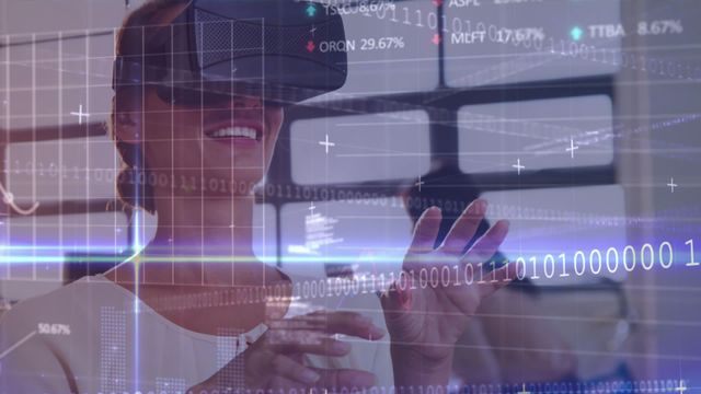 A woman wearing a virtual reality headset interacts with digital binary codes in a modern high-tech environment. Suitable for use in promotional materials highlighting advancements in VR technology, immersive digital experiences, and innovative solutions in IT and computing sectors.