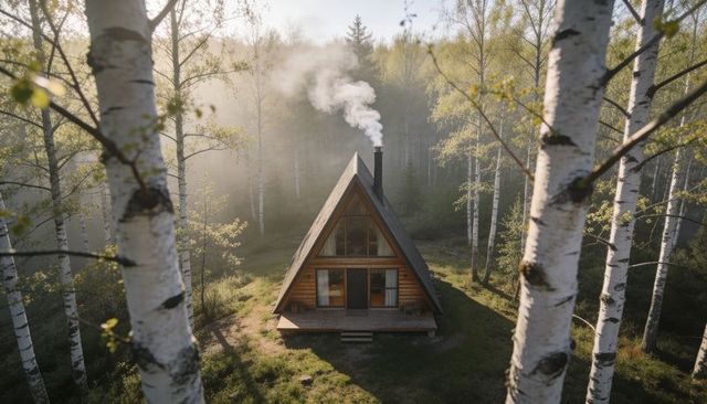 Sunlit a-frame cabin emitting smoke among birch trees in misty forest morning