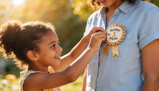 Daughter pinning number 1 mom rosette on mother during golden hour outdoors
