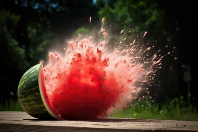 Capturing the dynamic burst of a watermelon with vivid colors and intense motion on a bright, sunny day. Perfect for advertising outdoor summer activities, creative installations, high-speed photography demonstrations or educational science presentations. The energetic splash of melon juice embodies summer excitement and vibrancy.