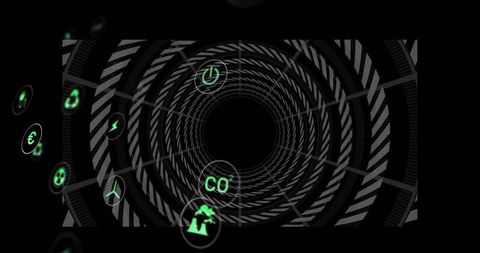 Futuristic Wireframe Tunnel with Floating Neon Green Icons