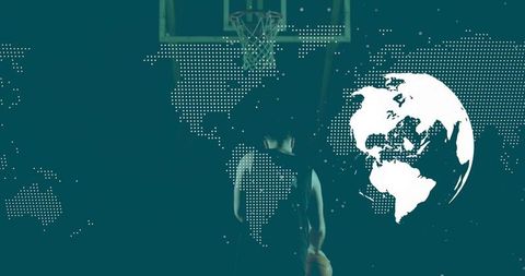 Basketball player holding ball facing hoop with global dotted world map and globe overlay