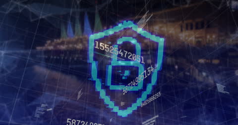 Cybersecurity Lock Icon Overlaying Cityscape Interface