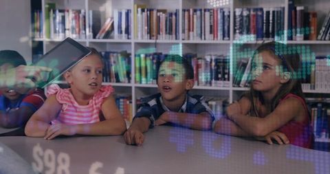 Children collaborating in library with digital insights
