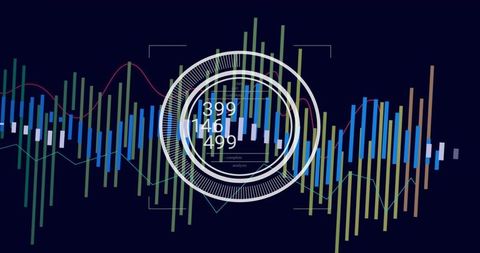 Futuristic Data HUD Displaying Circular Analytics Overlay and Neon Waveform Charts
