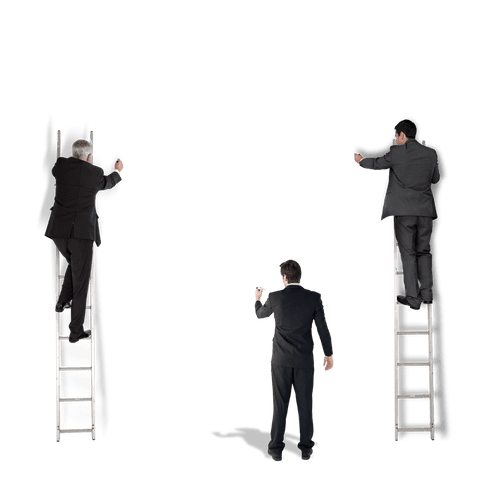 Back View of Three Businessmen on Ladders Isolated on Transparent