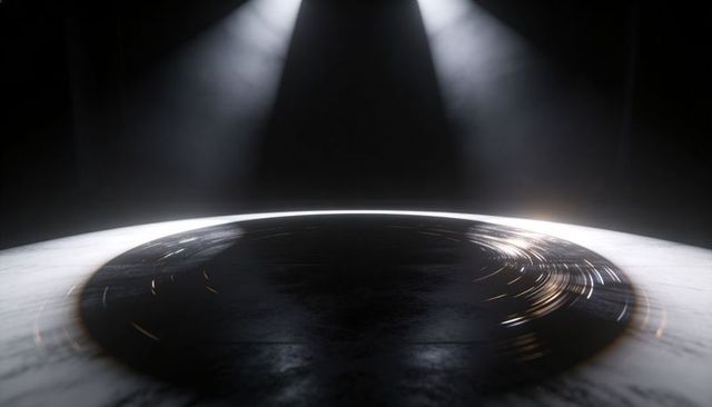 Spotlights Casting Vertical Beams on Glossy Circular Stage with Foggy Cinematic Reflections