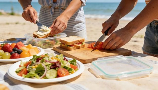 Couple making fresh sandwiches and salad on beach picnic spreading butter cutting tomatoes