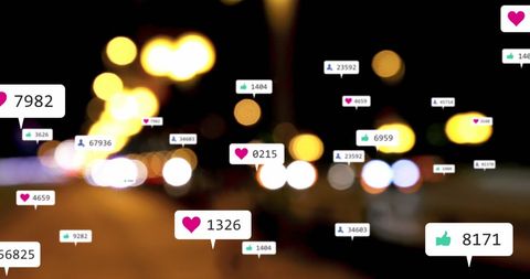 Social media engagement icons over city night lights