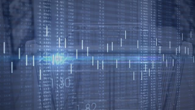 Digital financial data overlay on supermarket cart, blending concepts of economy and retail. Perfect for use in articles, presentations, or projects related to finance, trade, retail industry trends, economic forecasting, and digital transformation in commerce.