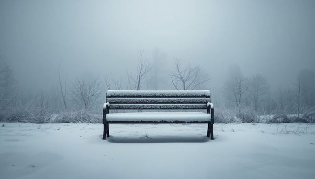 Snow-covered bench in foggy winter park conveying solitude, stillness and minimalism