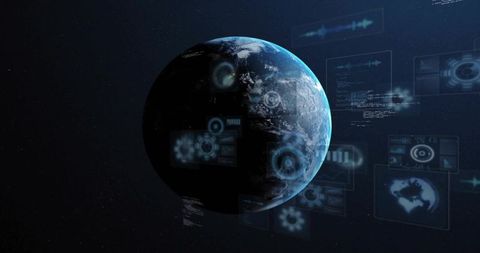 Earth rotating in orbit with holographic data dashboard and futuristic monitoring overlays
