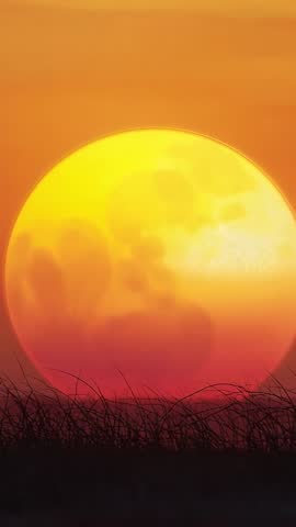 Vertical Sunset Video Sinking Glowing Sun Behind Grassy Horizon with Deep Amber Sky