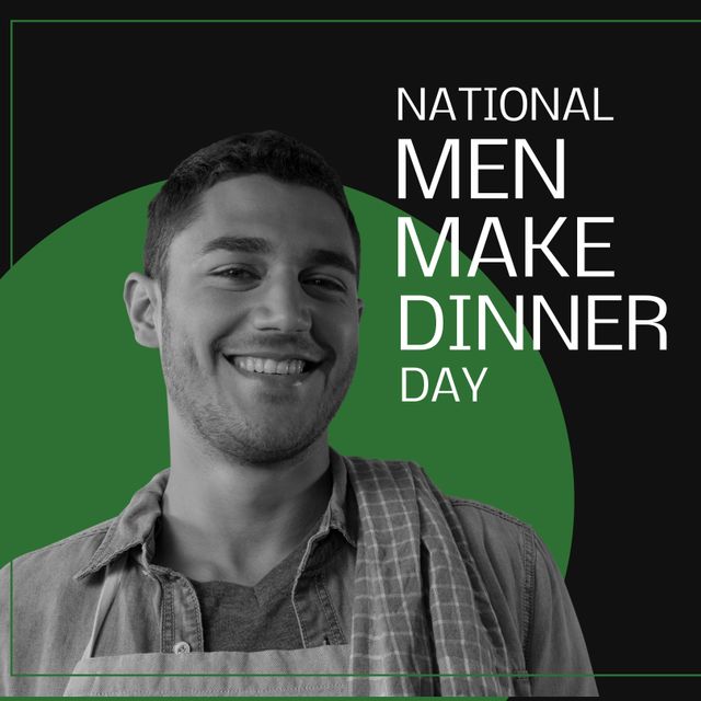 Young man smiling and celebrating National Men Make Dinner Day. Great for use in campaigns promoting gender equality, culinary skills, and participation of men in household responsibilities. Ideal for banners, social media posts, and articles on domestic life and cooking events.