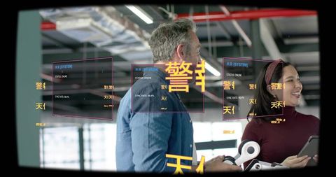 Engineers collaborating on robotic arm prototype with augmented reality hud for industrial r&d