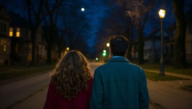 Romantic Evening Walk under Moonlit Sky with Silhouetted Couple