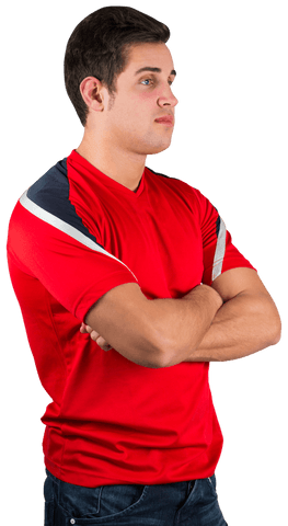 Transparent confident young man wearing red sports jersey