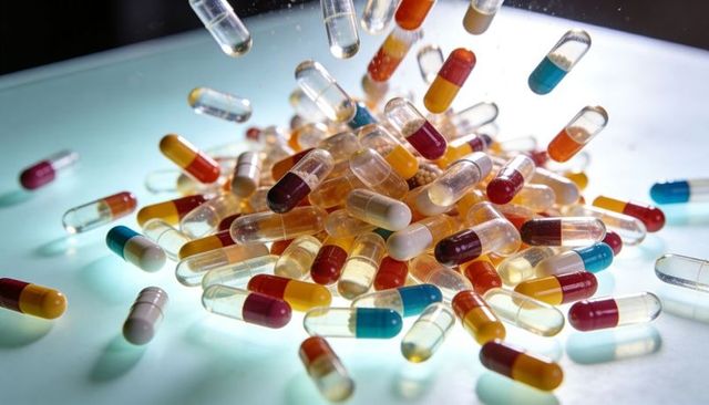 Colorful gelatin capsules falling on backlit surface with bead granules, translucent glow