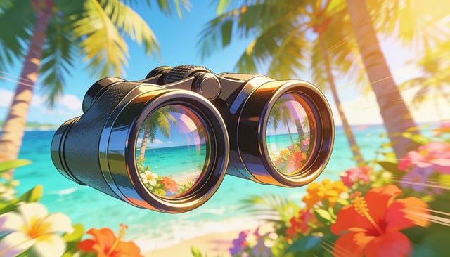 Binoculars reflecting tropical beach paradise with hibiscus plumeria sandy shoreline and palm trees