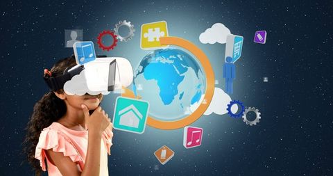 Girl using vr headset interacting with digital multimedia icons