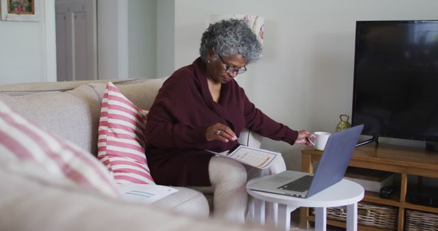 Senior woman working at home, sitting on sofa with laptop and documents. Concept of remote work, elder using modern technology for tasks. Great for articles about home office for seniors, retirement activities, elder independence.