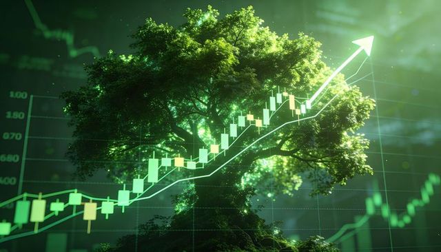 Bioluminescent green tree merging with financial candlestick chart and upward arrow