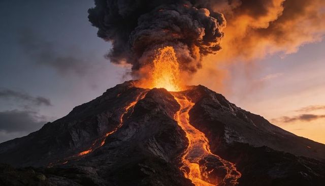 Volcano erupting at dusk with glowing lava flows, lava fountain and towering ash plume