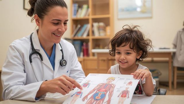 Pediatrician pointing at anatomy chart, child smiling and learning in clinic