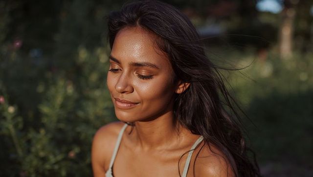 Serene woman basking in golden-hour sunlight in meadow with wind-swept hair