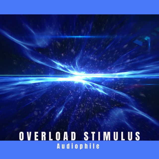 Striking blue light trails radiating across black background, conveying a sense of energy and motion. Text overlay reads 'Overload Stimulus Audiophile', suitable for digital album covers, high-tech presentations, futuristic designs, and abstract technology themes.