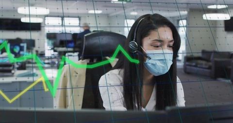 Masked office agent wearing headset monitoring live performance charts and dashboards