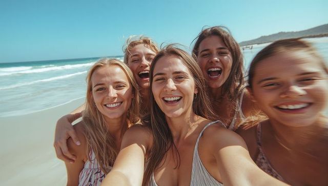 Group of Friends Enjoying Beach Selfie on Sunny Summer Day