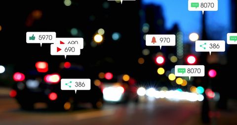 Dynamic social media icons on urban traffic background