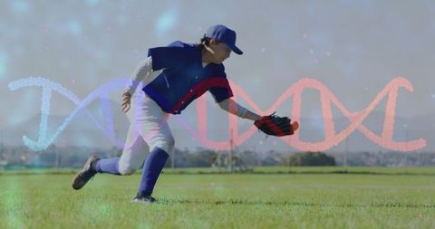 Baseball player catching ball with dna helix overlay