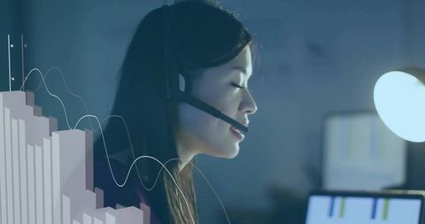 Professional chinese businesswoman analyzing data with headset in tech environment