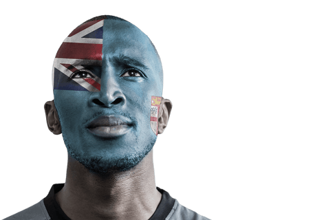 Patriotic man with national flag face paint, transparent background