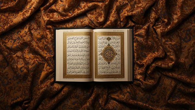 Open gilded arabic manuscript resting on brown-gold brocade with gold medallion