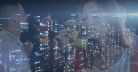 Nightlife sipping: woman sipping cocktail with paper umbrella amid city light reflections