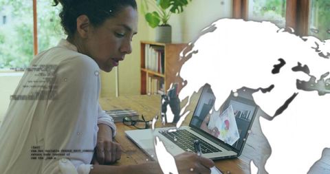 Woman Working at Home with Global Connectivity Overlay